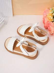 1 Pair Of Girls' Woven Bow Breathable PU Ankle Strap With Exposed Toes, Flat Bottom, Fresh And Cute Daily School Shoes - White - View 5