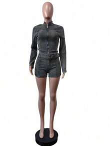 Denim Two-Piece Long-Sleeve Zip-Up Belted Bodycon Shorts Set Spring Summer Valentine's Day Outfit Trajes Elegantes De Mujer Spring Break Outfits - màu xám đậm - Xem 6