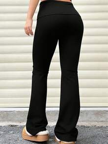 Women's Sporty Slim Fit Flared Pants, Fashion Versatile Double Waistband Skinny Leggings, Slimming Casual Trousers
