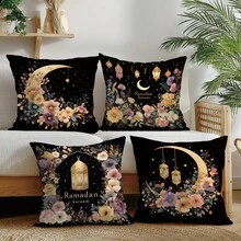 4pcs Vintage Floral Lantern Moon Ramadan Kareem Cushion Cover Set, Single-Sided Printed Peach Velvet Polyester Material, 45*45CM Pillow Case For Modern Fabric Sofa Indoor Decor, Party Decoration, Gift - Multicolor - View 1