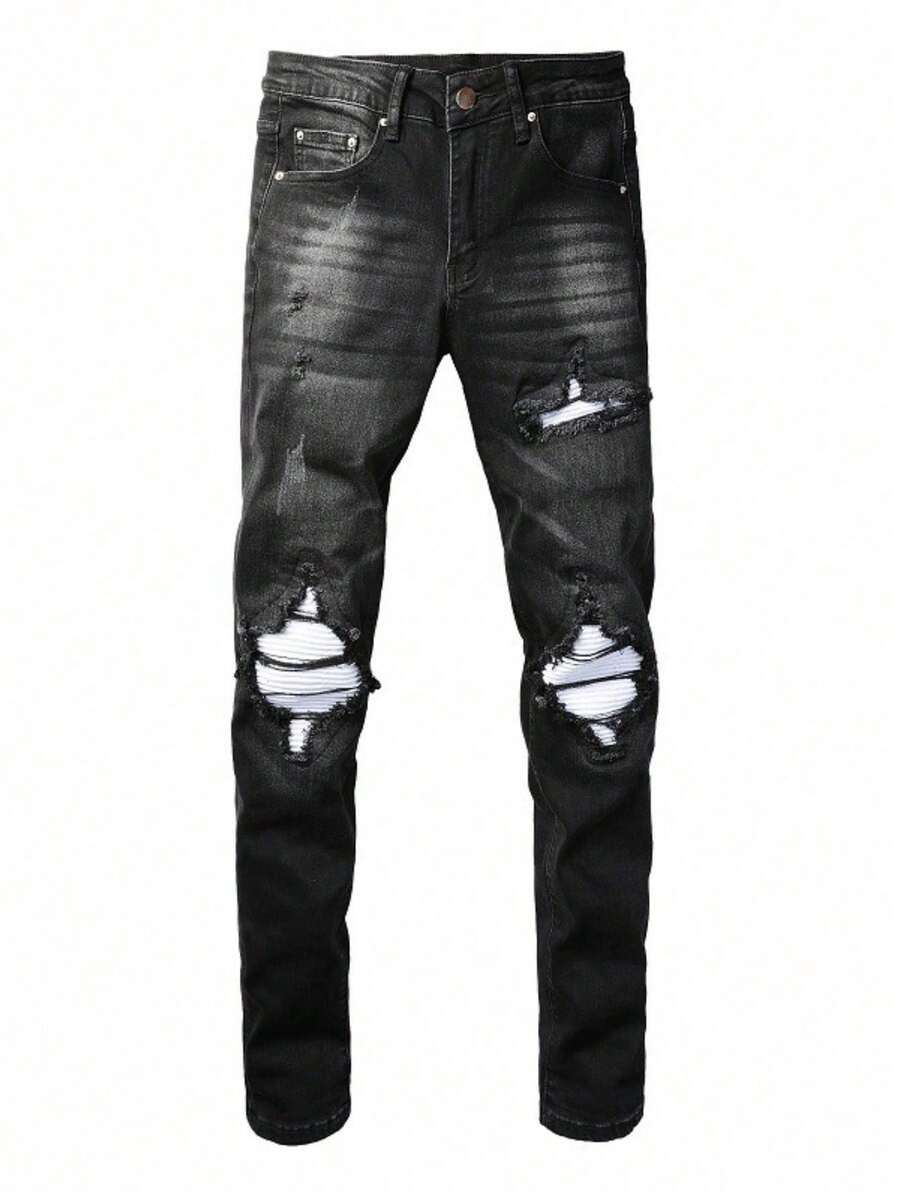 Vaqueros Masculinos Slim Tapered con Rotos y Parches, Denim Premium de Estilo High-Street, Acabado Envejecido y Comodidad Casual para el Día a Día - Gris - Ver 1