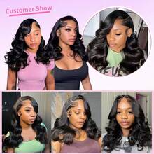Uveous 250% Density Short Body Wave Bob 13x4 HD Lace Front Human Hair Loose Body Bob Wigs Brazilian Pre Plucked Remy Closure Wigs For Women Natural Black - Natural Black - 查看 7