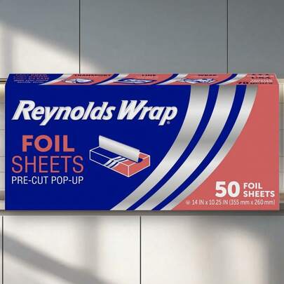 50ct (49.83 Sq Ft) Reynolds Kitchens Pre-Cut-Up Foil Sheets - Convenient-Saving Sheets Lunches Sandwiches & Baking - Easy Handling Food Storage Lunch Prep & On--Go - Individually Wrapped Hygienic Foil Squares