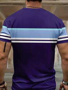 Men's Contrast Color Striped Print Sporty Round Neck Short Sleeve Top And Pants Set - Multicolor - View 4