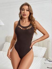 Women's Solid Color Hollow Out Crew Neck Sleeveless Bodysuit - Coffee Brown - View 1
