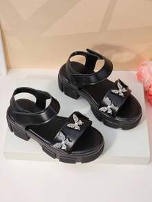 1 Pair Of Girls' Butterfly Pearl Sparkling Diamond Black PU Sandals With Exposed Toes, Thick Sole, Comfortable And Non Slip, Cool And Sweet, Shining Summer Party Shoes - Black - View 8