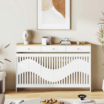 Radiator Cover With Drawers, White Wooden Radiator Shelf Pipe Covers Cabinet With Wavy Grill For Living Room Bedroom Hallway, 152Lx19Wx95Hcm
