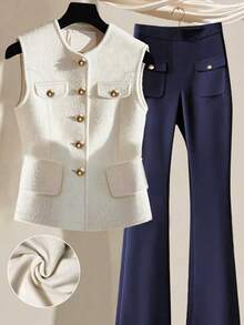 Bộ vest nữ thanh lịch hai mảnh, áo vest len cài nút phía trước và quần dài mùa thu dành cho nữ, phù hợp cho giải trí hàng ngày, du lịch, nghỉ dưỡng, đi làm - Nhiều màu - Xem 2