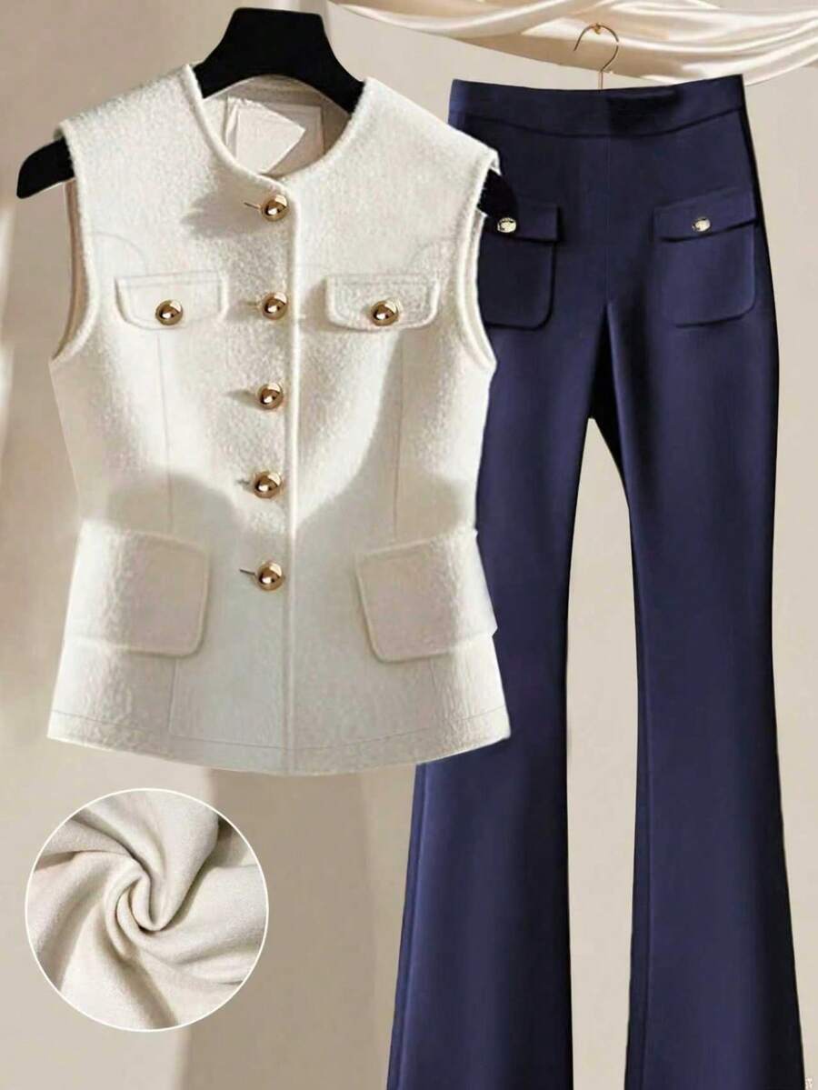 Bộ vest nữ thanh lịch hai mảnh, áo vest len cài nút phía trước và quần dài mùa thu dành cho nữ, phù hợp cho giải trí hàng ngày, du lịch, nghỉ dưỡng, đi làm