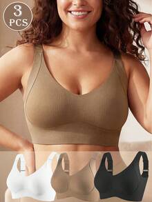 3 piezas Sujetador de mujer de verano con tirantes ajustables y almohadillas extraíbles, cómodo y sin cables para uso diario y actividad física - Marrón - Ver 1