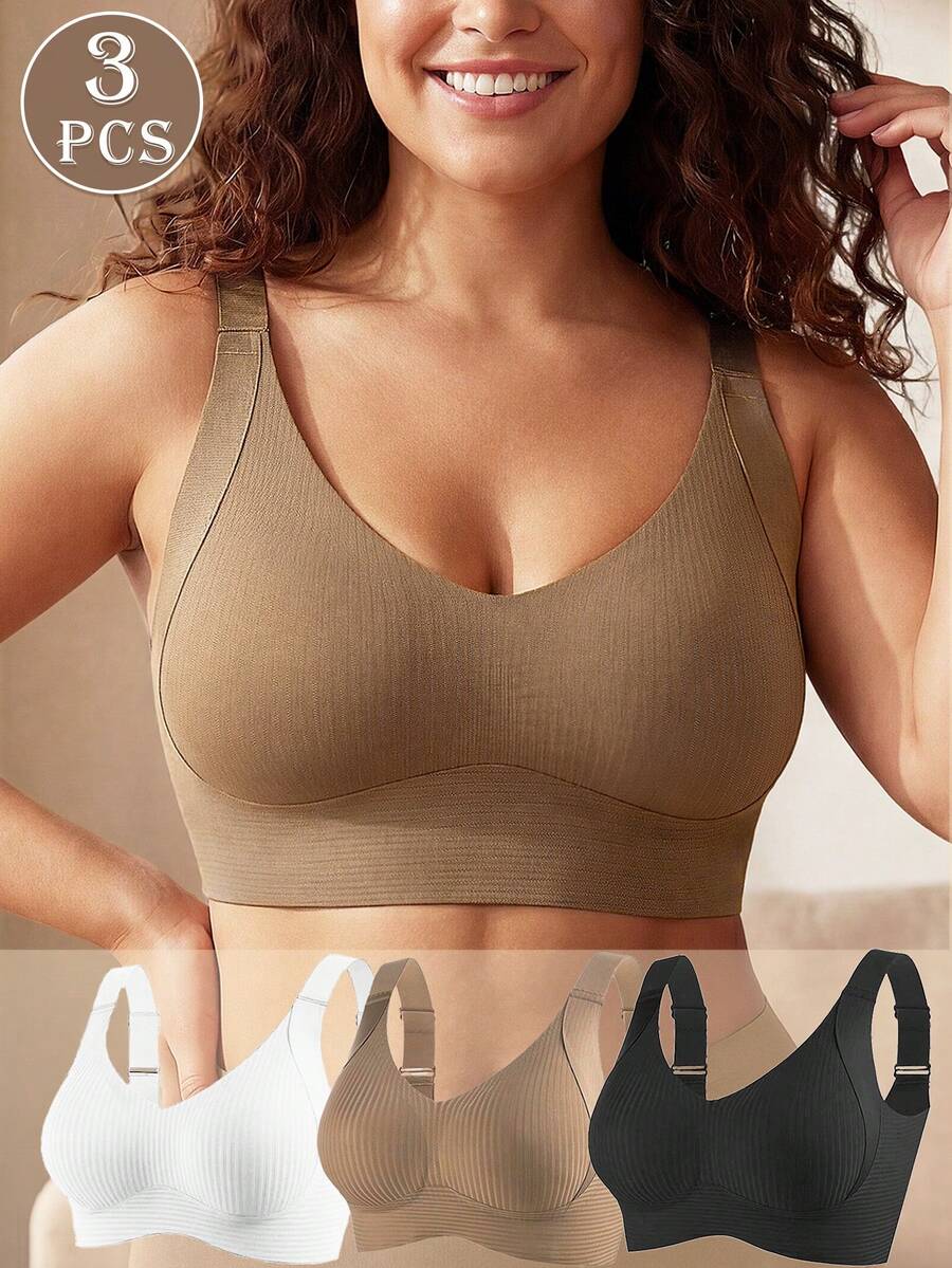 3 piezas Sujetador de mujer de verano con tirantes ajustables y almohadillas extraíbles, cómodo y sin cables para uso diario y actividad física - Marrón - Ver 1