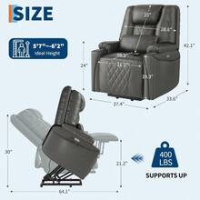 ccGarveeHome - Sofá reclinable de Piel sintética con Puertos de Carga portavasos y Soporte eléctrico para Personas Mayores Asientos de Cine en casa con Control Remoto para Sala de Estar Color Grisnn - gris - Ver 2