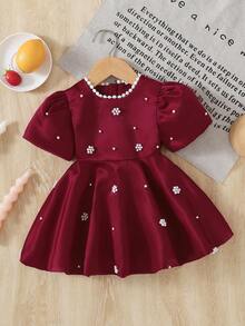 1pc Baby Girls' Beaded Decor Round Neck Puff Sleeve Short Dress, Suitable For Spring/Summer - Burgundy - View 1