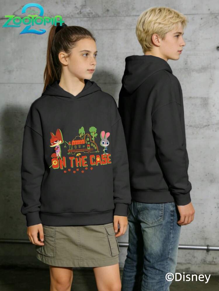 Disney 与《疯狂动物城》授权合作款 | 少女抓绒连帽衫，儿童卫衣，轻奢，时尚，适合日常穿着、运动和节日活动。 - 黑色 - 查看 5