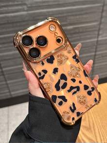 1 Set Orange Shock-Proof Electroplated Phone Case With Leopard Print Pattern, Compatible With IPhone 17/Air/17 Pro/17 Pro Max/16/15/14/13/12/11 And Other Models, Suitable As A Daily Gift For Friends - Orange - View 2