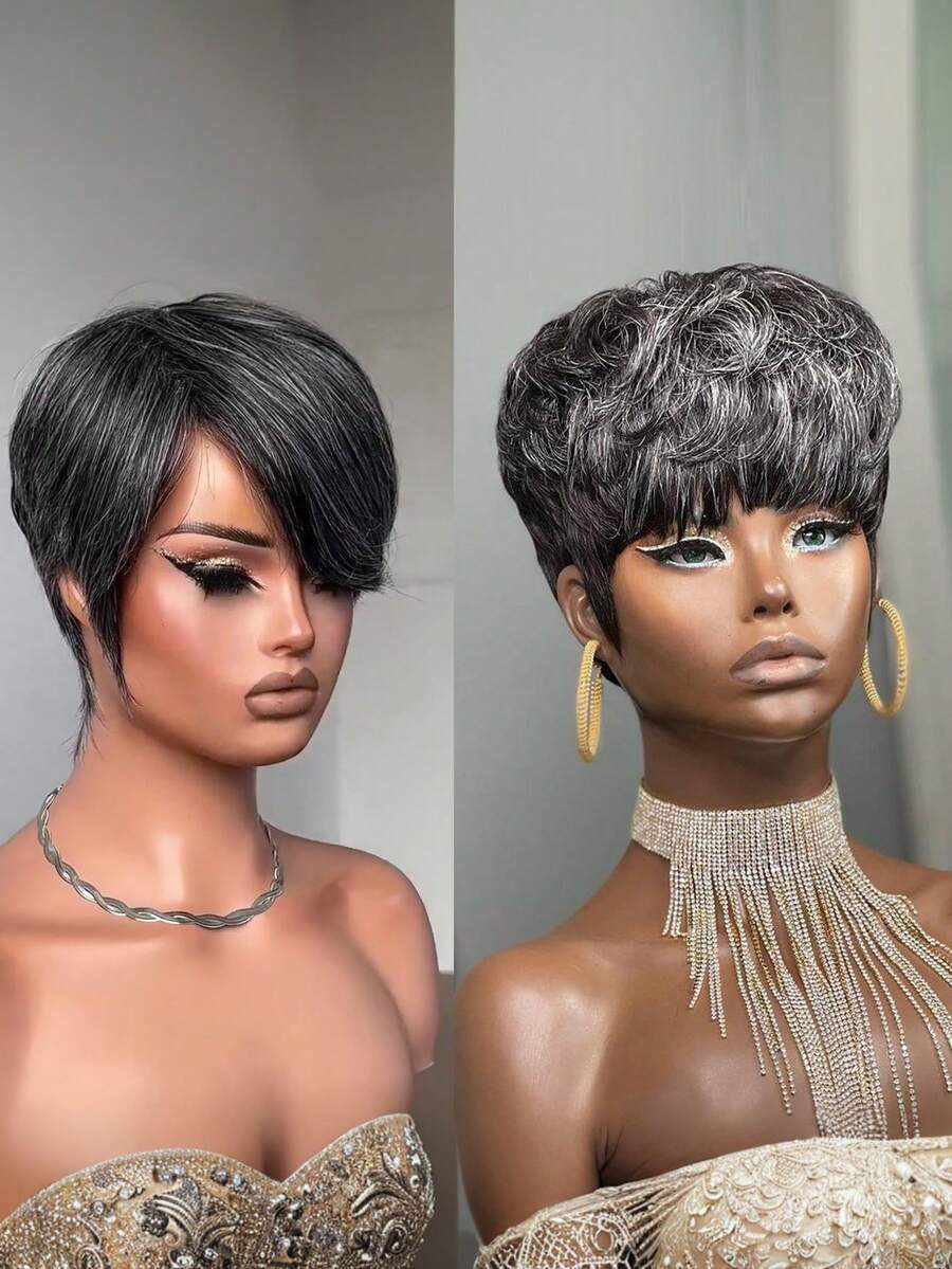 女士短假发，真人发，灰白相间，34号层次感白黑混色精灵短假发，适合白人女性，带刘海，无蕾丝前额，全机织，易于佩戴，真人发灰色假发，适合情人节、日常佩戴。