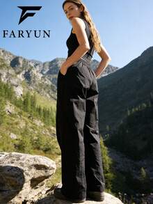 女士户外休闲直筒裤，纯色百搭，防污透气，亲肤长裤 - 黑色 - 查看 4