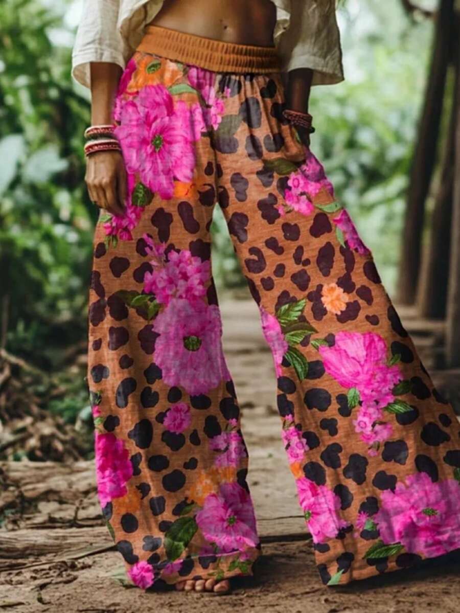 Tropical Floral & Leopard Print Wide-Leg Pants: 100% Polyester With All-Over Pink Blooms & Black Spots On Tan For Garden Parties, Resort Vacations And Casual Style For Women. - Mixed Colors - View 1