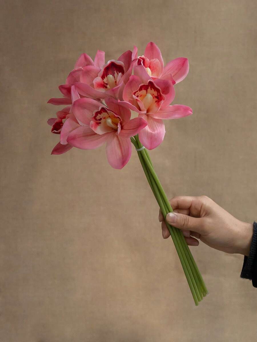 1束6头仿真兰花，高端装饰假花，适用于客厅、婚礼花束 - 彩色 - 查看 1
