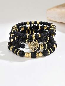 8件套复古波西米亚风心形与生命之树吊坠串珠手链套装，适合女性日常休闲佩戴，情人节礼物 - 黑與白 - 查看 4