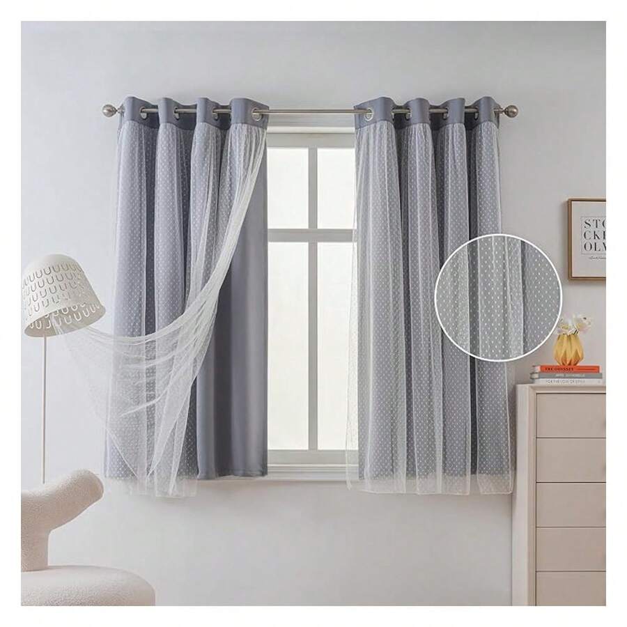 Blackout Curtains 63 Inch - Grey Polka DotRoom Curtains - 70% Blackout Double Layer Sheer Grommet Panels 52x63, 2 Pack - 如圖18 - 查看 1