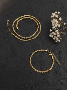 2pcs/Set Gold-Color Stainless Steel 18K  Plated Twisted Chain Bracelet And Necklace Combination For Men, Simple Style For Sports And Fashion Accessory - Gold - View 7