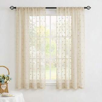 2pcs Beige Polka Dot Pom Pom Jacquard Sheer Curtains, Rod Pocket Top For Easy Hanging, Quality Polyester Fabric, Soft & Lightweight, Translucent, Machine Washable, Rustic European Style Home Window Decor, Suitable For Small Windows, Bedroom, Living Room, Kitchen, Office