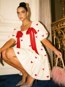 Women's Heart Print Mini Dress Short Puff Sleeve Square Neck Bow Dress Sweet Babydoll Dress - Màu be - Xem 4