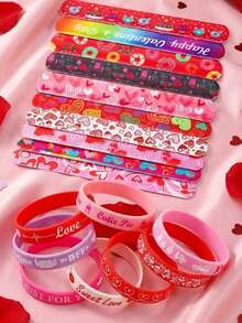 Valentinstag Party Geschenkset: Süße Herz- und Süßigkeiten-Muster Klapper-Armbänder und Silikon-Armbänder, lustige Geschenke für den Klassenaustausch und Geschenktüten-Füllungen - Verschiedenfarbig - Übersicht 2