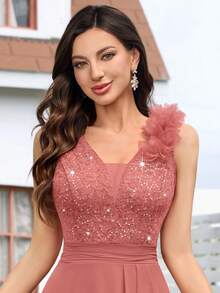 MIUSOL Vestido de noche largo asimétrico con escote en V profundo, sin mangas, con volantes y encaje con lentejuelas florales - Rosa vieja - Ver 9