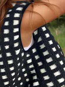 Womens Fuzzy Checkered Vest Sleeveless Stand Collar Zip Up Vest Jacket Winter Warm Outwear - 黑色 - 查看 4