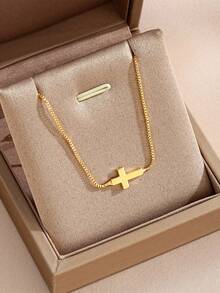 1件304不锈钢镀金迷你十字架吊坠项链，女士毛衣锁骨链配饰，情人节礼物 - 金黃色 - 查看 1