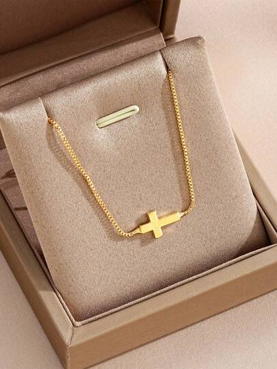 1件304不锈钢镀金迷你十字架吊坠项链，女士毛衣锁骨链配饰，情人节礼物