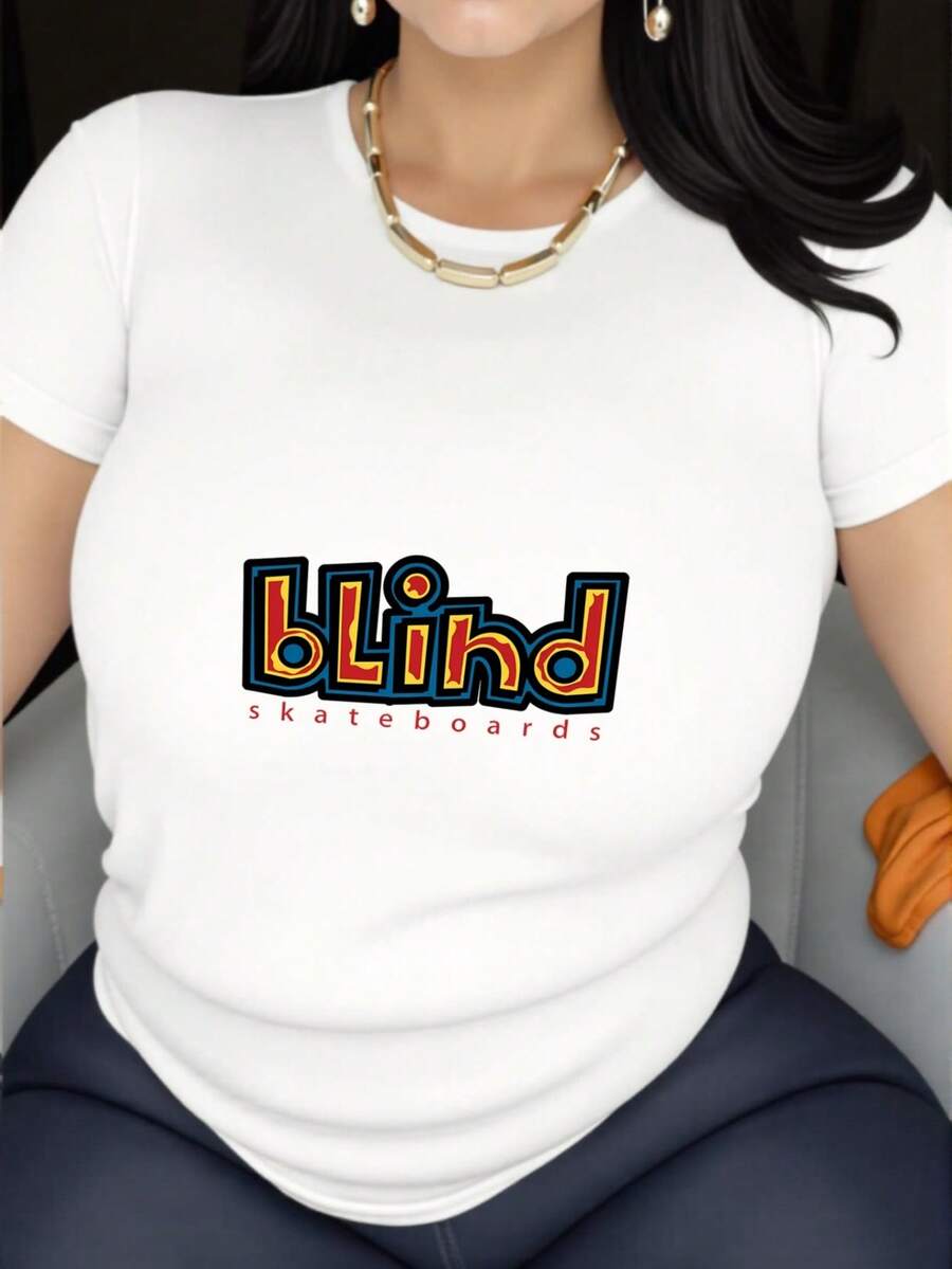 Women's Casual Short Sleeve T-Shirt - Soft And Breathable Polyester Blend, Quick Dry, Loose Fit, Bold 'Blind' Letter Print, Machine Washable, Suitable For Daily Outdoor Wear, Summer Clothes, Graphic Top, Lightweight Streetwear, Fashion Printed T-Shirt - 白色 - 查看 1