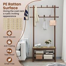 COSTWAY Bamboo Coat Rack, PE Rattan Hall Tree With Bench & Shoe Storage, 3-In-1 Entryway Bench With 2 Hanging Rods, 11 Hanging Hooks & Shelves, Brown - Brown - View 4