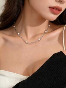 奢华简约闪耀星光不锈钢珍珠项链，女士新款设计，高端品质，不褪色颈链