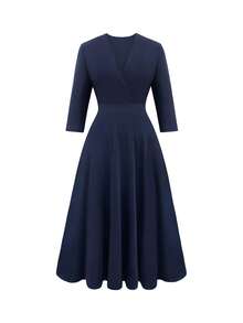 Plus Size Women's V-Neck Solid Color Elegant Dress, Suitable For Valentine's Day, Spring/Summer - Navy Blue - View 4