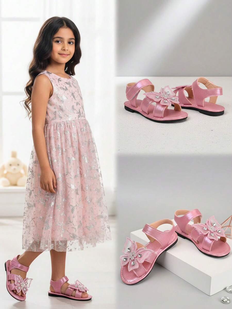 1 Pair Fuchsia Plus Size Toddler Girls' Flat Sandals, Soft Leather With Colorful Rhinestone Mesh Butterfly Decor, Round Toe, Non-Slip Soft Sole, Fashion Princess Beach Sandals For 3-12 Years Old, Spring/Summer 2026 - Hot Pink - View 1