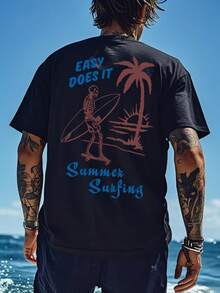 男士休闲沙滩冲浪主题印花短袖T恤，舒适透气，适合夏季穿着，款式时尚 - 黑色 - 查看 4