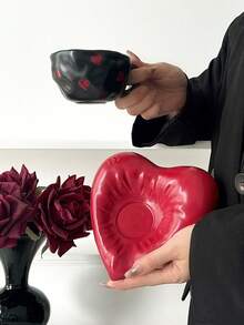 1pc Vintage High-Quality Red Heart Ceramic Cup & Saucer Set, Stylish Milk/Coffee Ceramic Cup & Saucer - Multicolor - View 4