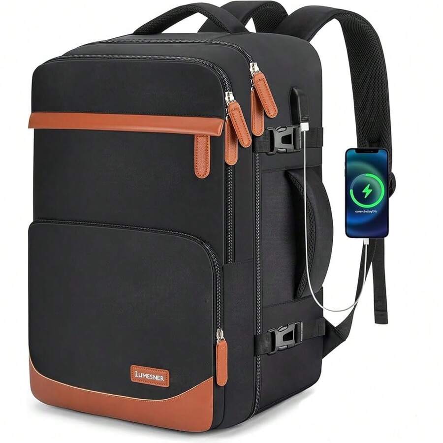 50L Travel Backpack With USB Charging Port, Water-Resistant Carry On Backpack For Men Women, Business Laptop Backpack For Trips & Commutes, Fits 18 Inch Laptop - 黑色的 - 查看 1