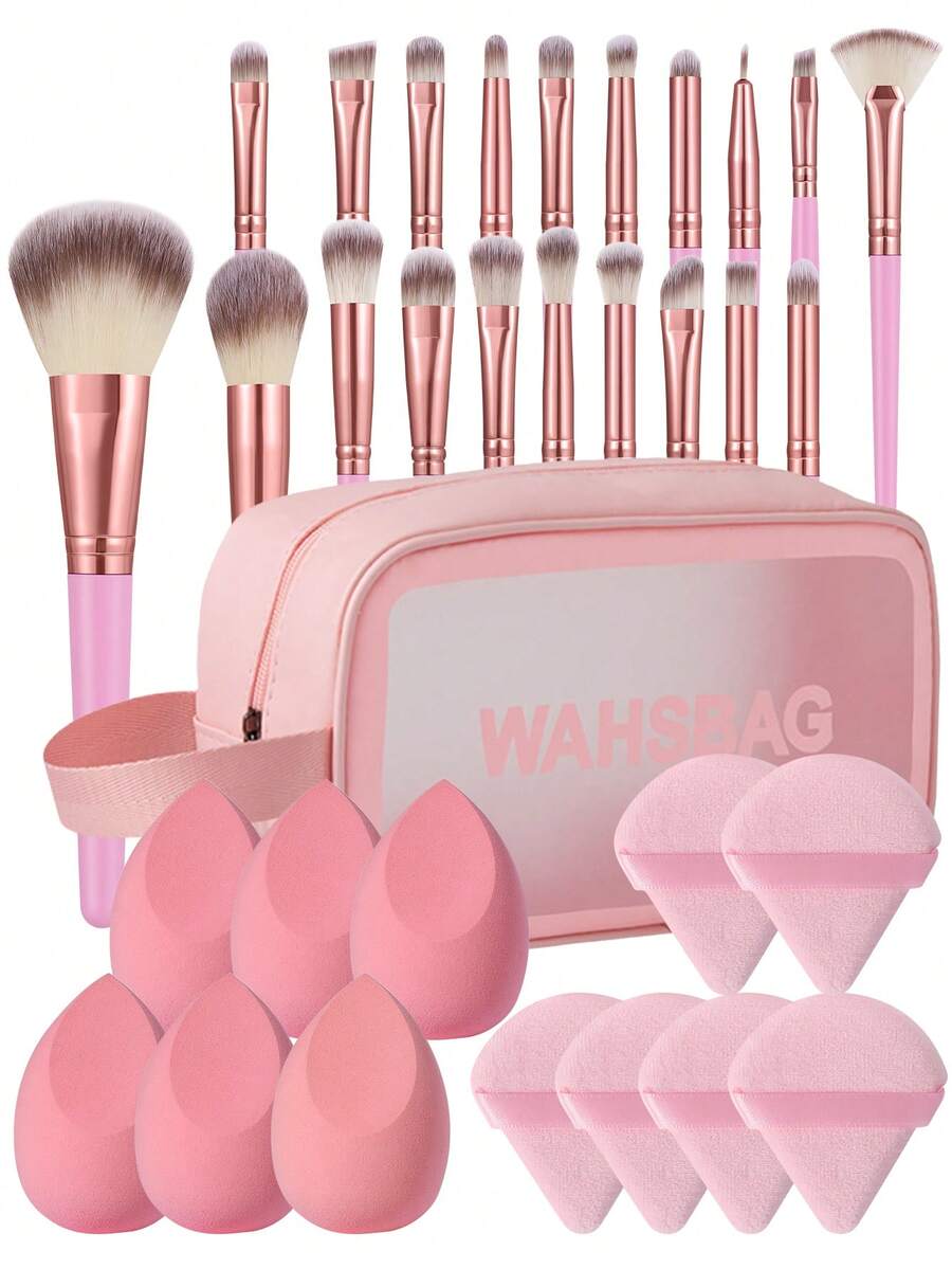30PCS Makeup Tools Set Including:20PCS Makeup Brush Set+1pc Multi-Functional Zipper Toiletry And Cosmetic Bag Waterproof+3PCS Triangle Powder Puffs+3PCS Mini Air Cushion Powder Puffs+2PCS Makeup Sponges+1pc Makeup Brush Cleaning Tools,All-In-One & Beginner-Friendly | Travel-Ready & Gift-Ready | Perfect For Newbies/Her