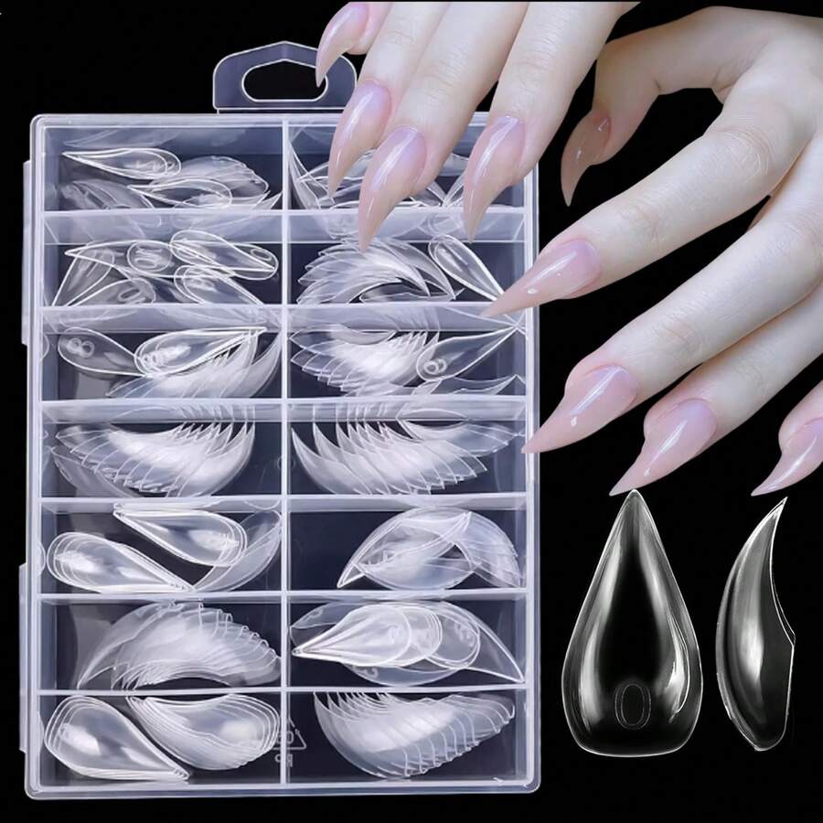 140 Pcs Short Claw Nail Tips,Natural Curved Stiletto Nail Dual Forms Extension 3D Curve Sculptural Acrylic Nails, Reusable Full Cover Molds Halloween Nail Accessories 14Size - 樣式 6 - 查看 1