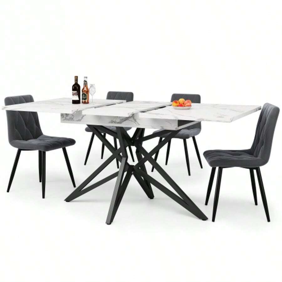 Extendable Dining Table 120 (160) X 80 Cm, Extendable Kitchen Table, Breakfast Table, Star-Shaped Table Legs, Black Iron Legs, Walnut/Marble Imitation Tabletop - White - View 1