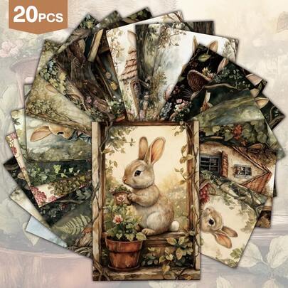 20pcs Retro Forest Bunny Wall Decoration Cards With Sticker, Classic Pinup Lllustration Postcard For Scrapbooking & Crafting, Junk Journal Paper, Home Decoration, Easter Decoration