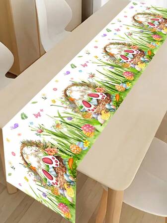 1pc Easter Bunny Table Runner, Floral Bunny & Easter Basket Pattern Tablecloth, Seasonal Spring Kitchen Dining Table Decor Party Decoration, Happy Easter Home Decor, 13x70 Inches