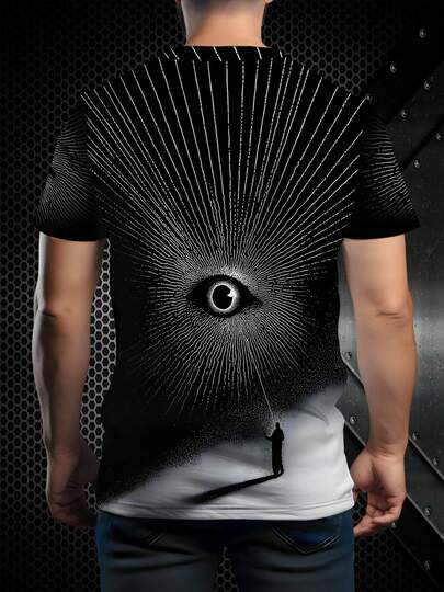 3D Digital Print Mysterious Art Style Men's Short Sleeve T-Shirt, All-Seeing Eye Radiation Pattern With High-Definition 3D Digital Printing Technology, Reproducing The Dark Art Details Of "All-Seeing Eye + Manipulated Figure", Black And White Radiation Design Creates A Strong Visual Impact; Made Of Breathable Fabric, Loose Fit Suitable For Various Body Types, Refreshing And Non-Sweating For Summer Wear. Suitable For Street Fashion, Niche Style Outings, Etc., The Mysterious Art Elements Have High Recognizability, A Cost-Effective Item For Fashionable Men To Create Personalized Outfits