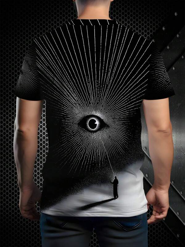 3D Digital Print Mysterious Art Style Men's Short Sleeve T-Shirt, All-Seeing Eye Radiation Pattern With High-Definition 3D Digital Printing Technology, Reproducing The Dark Art Details Of "All-Seeing Eye + Manipulated Figure", Black And White Radiation Design Creates A Strong Visual Impact; Made Of Breathable Fabric, Loose Fit Suitable For Various Body Types, Refreshing And Non-Sweating For Summer Wear. Suitable For Street Fashion, Niche Style Outings, Etc., The Mysterious Art Elements Have High Recognizability, A Cost-Effective Item For Fashionable Men To Create Personalized Outfits