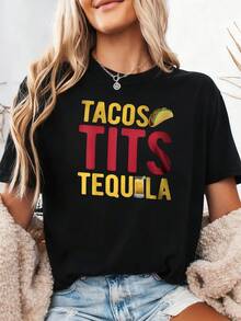 New Spring/Summer 2026 Fashion Short-Sleeve T-Shirt, Made In Mexico, 200g. 100% Cotton. Fun Graphic Tee With A Taco And Tequila Design, Cartoon Print, Suitable For Couples, Perfect For Layering Or Wearing Alone. Crew Neck, Versatile And Unisex. Suitable For Both Office And Casual Occasions. Individually Packaged. The Perfect Short-Sleeve T-Shirt For Summer. - 黑色 1 - 查看 2