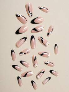 24Pcs Sweet Pink & Black Daisy Press On Nails, Stiletto Fake Nails, Fit For Weekend Shopping & Girl's Events Nail Supplies - Multicolor - View 3